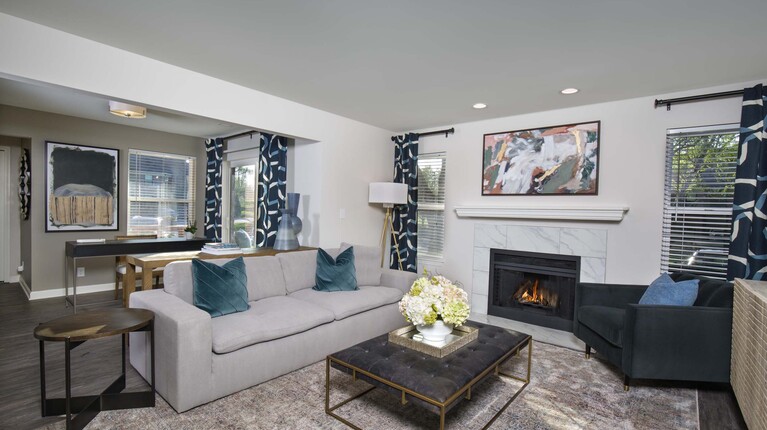 Spacious Living Room with Marble-Hearth Fireplace