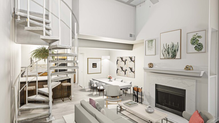 Living Room with Fireplace and Spiral Staircase